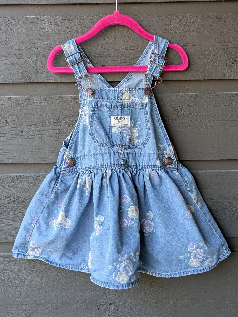 OshKosh B'gosh Girls' Blue Denim Floral Overall Dress 2T Toddler 100% Cotton